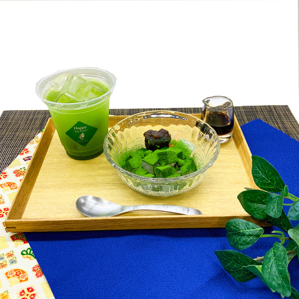 しゅんぽうカフェ夏のおすすめメニュー「抹茶あんみつ＆かぶせ茶セット」はいかがでしょうか