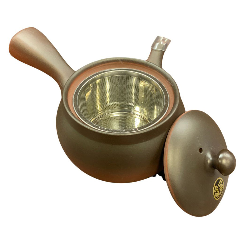 陶器 急須 梅・笹・松葉 レトロ Ae-304 横浜戸塚の老舗 春芳茶園】常滑焼帯アミ急須 黒360ml棚カット